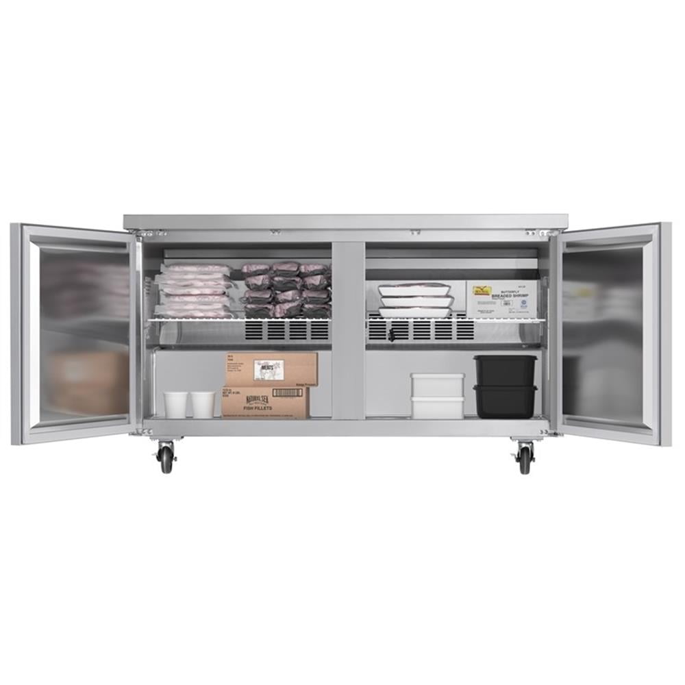 Pemberly Row 60" Two-Door Commercial Undercounter Freezer with Casters in Silver