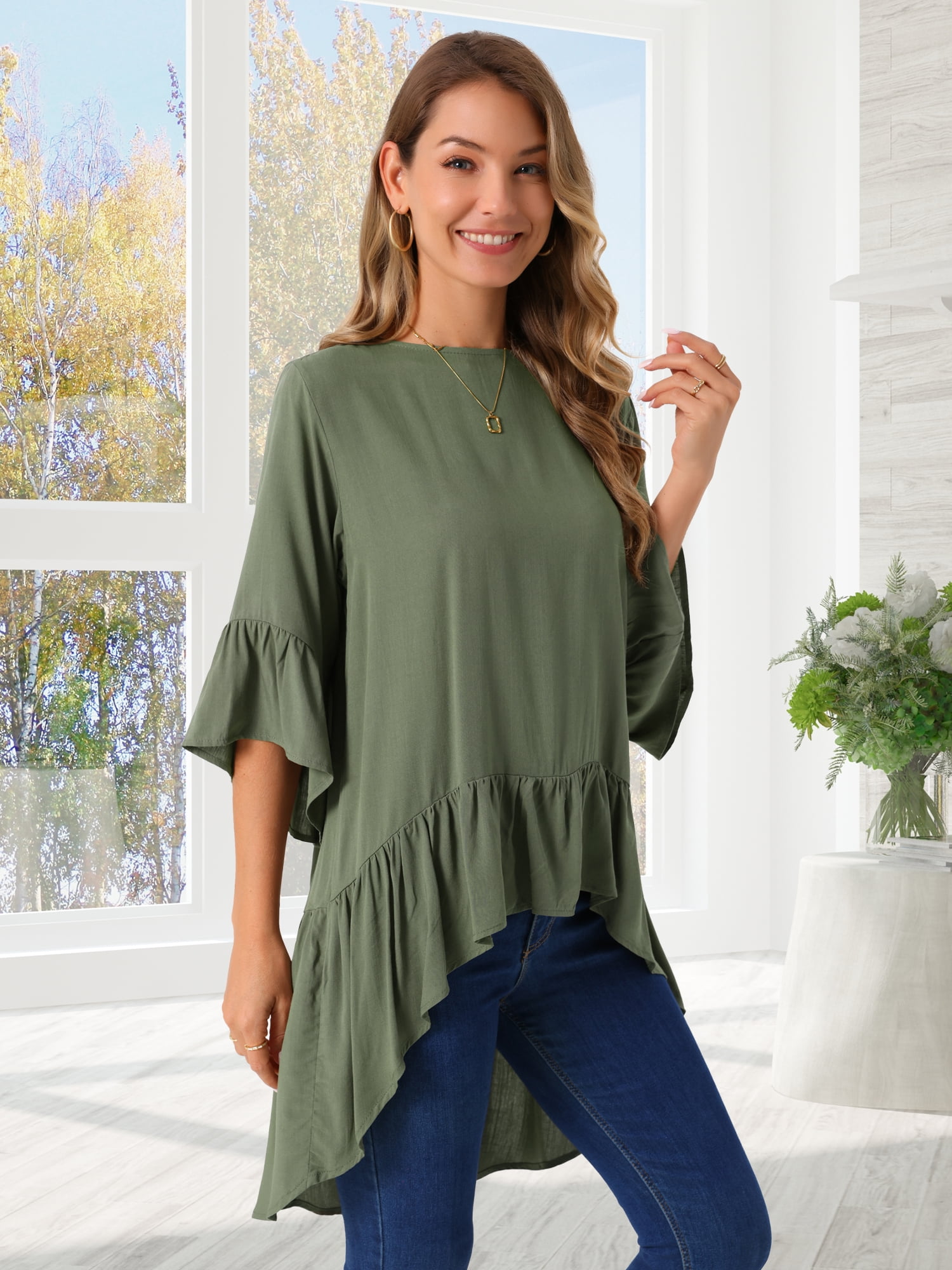 DARING DIVA Women's High Low Tops Bell Sleeve Crewneck Ruffle Blouse 2XL Army Green