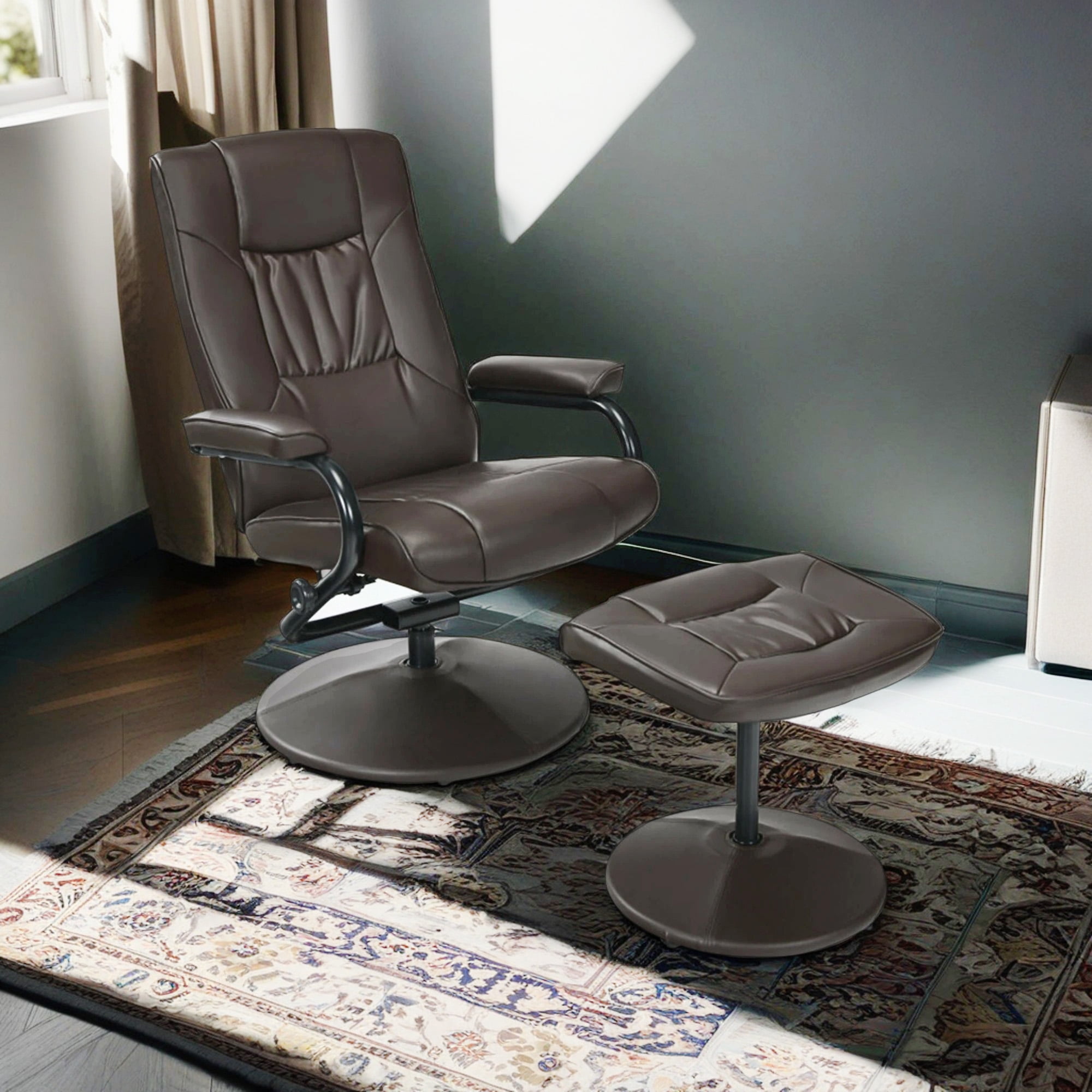 Demi Bonn PVC Leather Soft Upholstered Recliner with Ottoman Footrest, 360° Swivel Recliner Chair for Living Room, Bedroom, Brown