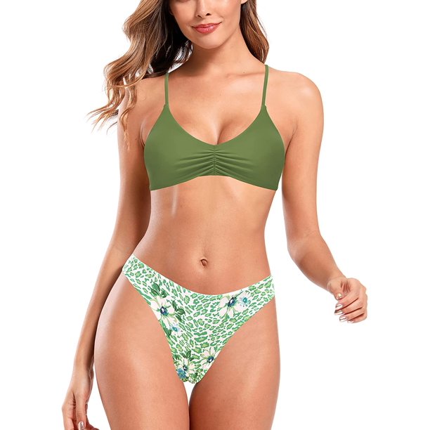 Traje de baño de triángulo Fruncido para Mujer con Estampado de Fondo de Dos Piezas Verde CH Verde CH Xishao ropa