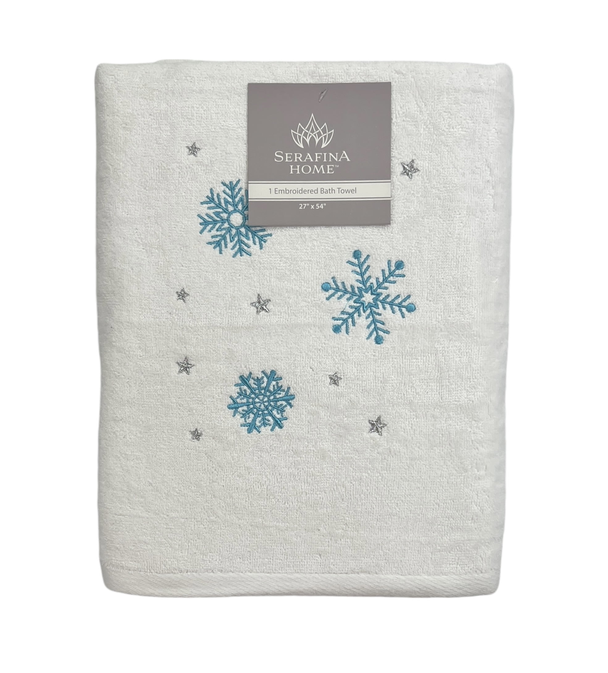 Serafina Home Luxury Holiday Winter Snowflake Bath Towels, Embroidered Flurry of Snowflakes Plush Velour Terry 100% Cotton, Set of 2, Measures 54" x 27"
