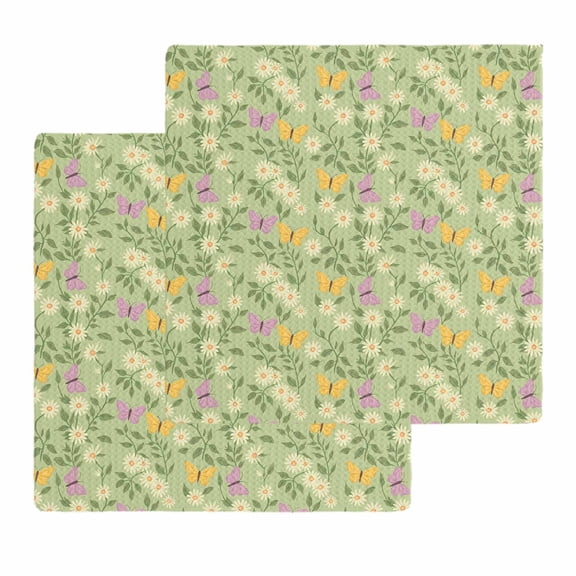 Spring Easter Kitchen Dish Towels for Drying Dishes Set of 2, Watercolor Floral Daisy Butterflies Green Waffle Weave Microfiber Hand Tea Bathroom Towels Quick Dry & Absorbent Towel 12x12