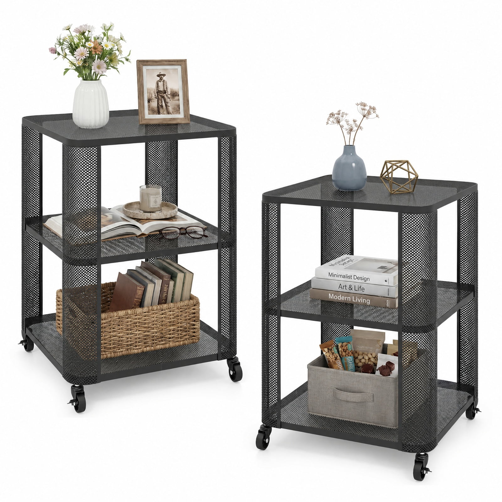 Furnibear 3 Tier Rolling End Table Set of 2 with Locking Casters and Metal Mesh Storage Shelves for Living Room Bedroom and Dorm, Black