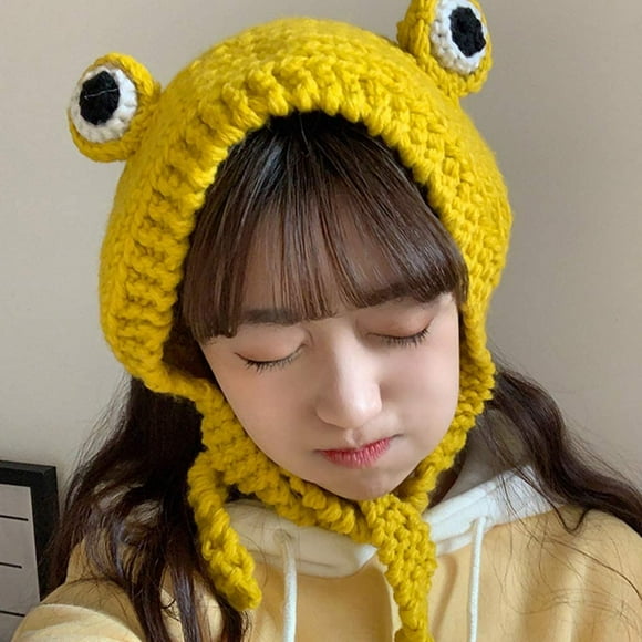 Outdoors Cute Big Eye Frog Knitted Cartoon Frog Hat Knitted Caps Beanie Hats Ear Protective(Yellow)
