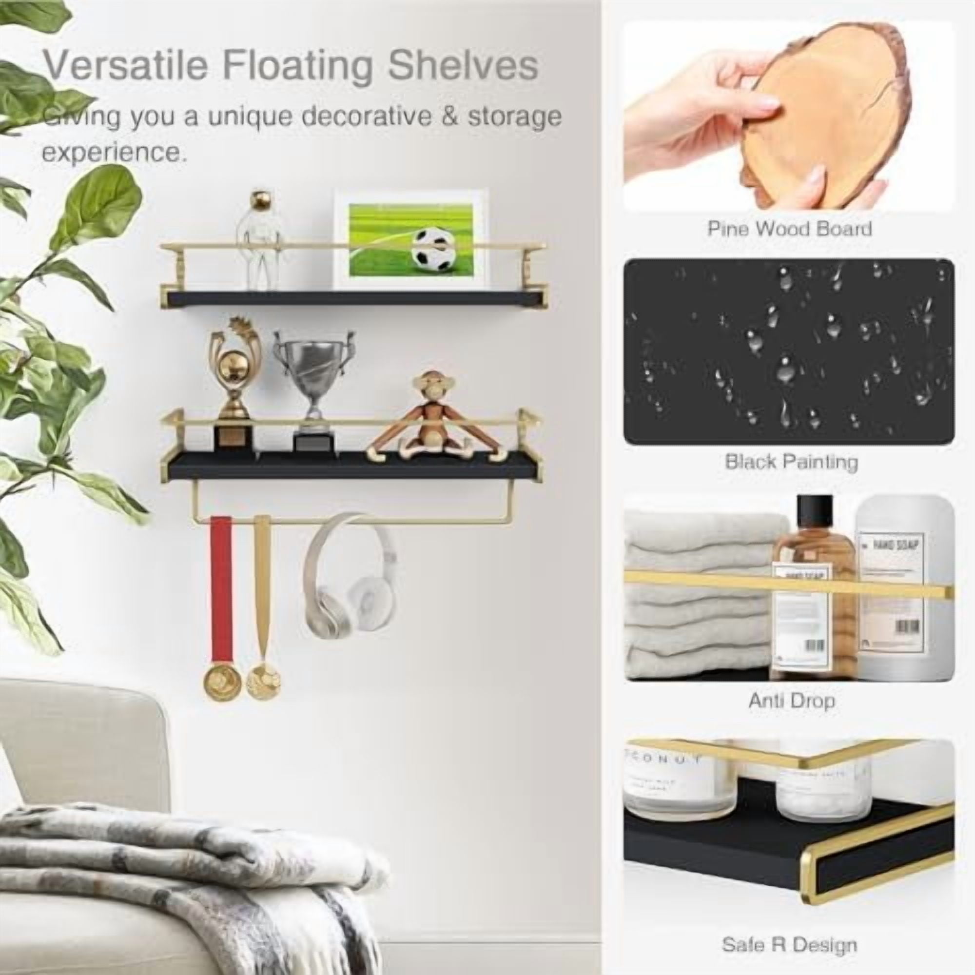 Black and Gold Bathroom Floating Shelves for Wall, Decorative Wall Mounted Shelves for Kitchen Coffee Bar Station Organizers and Storage, Hanging Shelving Unit for Bedroom Living Room (2-Pack)