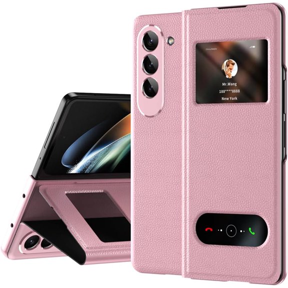PU Leather for Samsung Galaxy Z Fold 5 4 3 5G Case Window View Hole for Free Answer Call &Time View,Kickstand Function,Full Protection Slim Men Cases Cover (Lichee Pink,Z Fold 5)