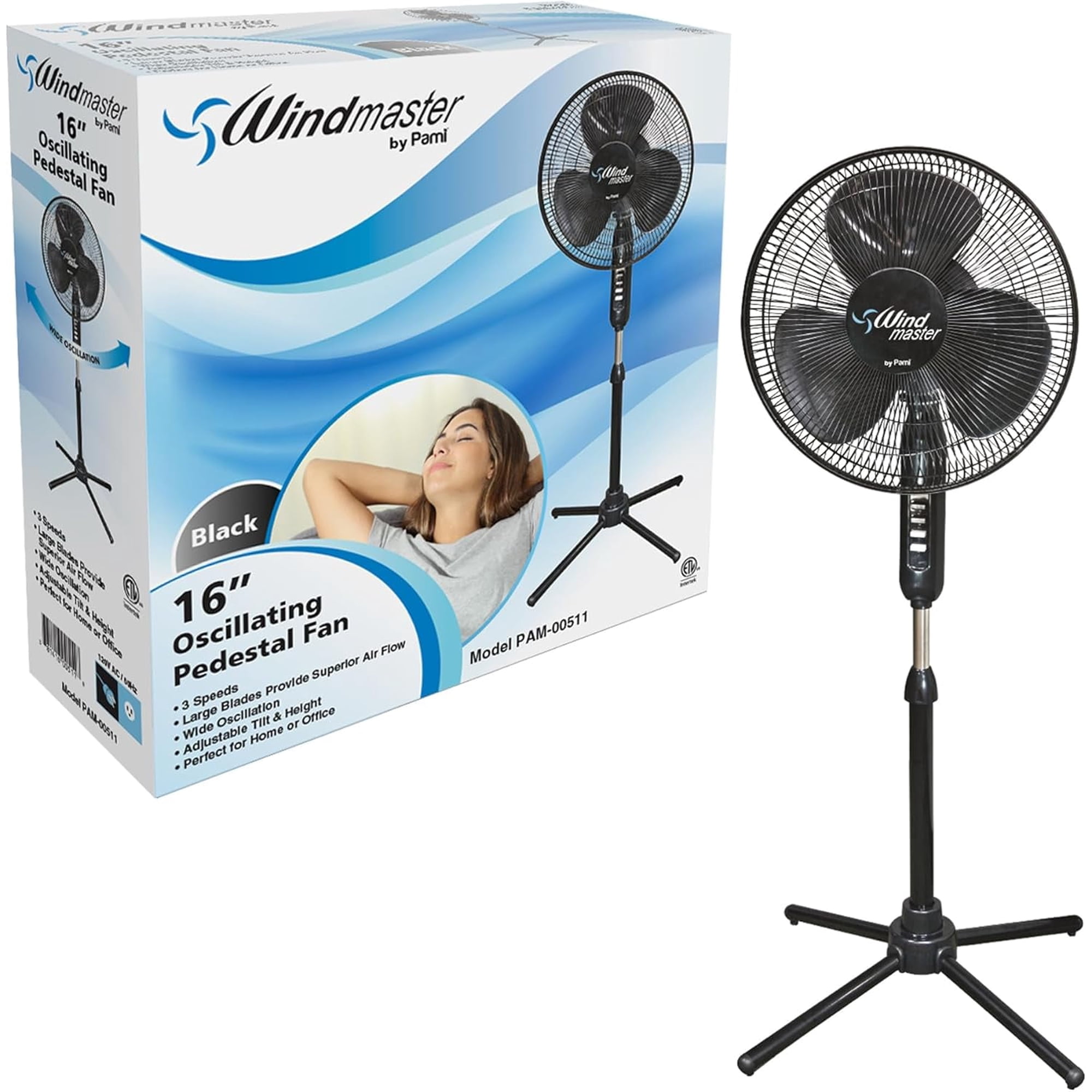 PAMI 16 Inch Oscillating Pedestal Fan, 3 Speeds Adjustable Height Tilt Electric Stand Up Fan for Bedroom Home Office, Black