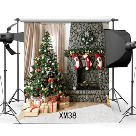 Image of MOHome 5x7ft Photography Backdrop Xmas Gifts Christmas Tree & Christmas Fireplace White Carpet Interior Decoration Backdrops for Baby Kids Adults Happy New Year Background Photo Studio Props
