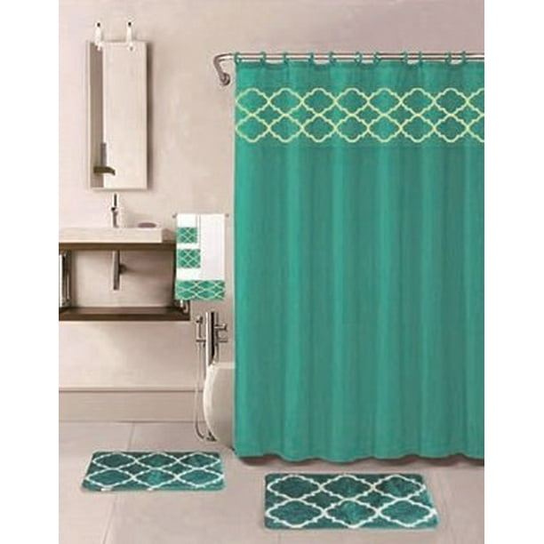 18 Piece Bath Rug Set Choose From Taupe Teal Blue Sage Green Burgundy Holiday Red Geometric Desin Print Bathroom Rugs Shower Curtain Rings And Towels Sets Amanda Teal Walmart Com Walmart Com