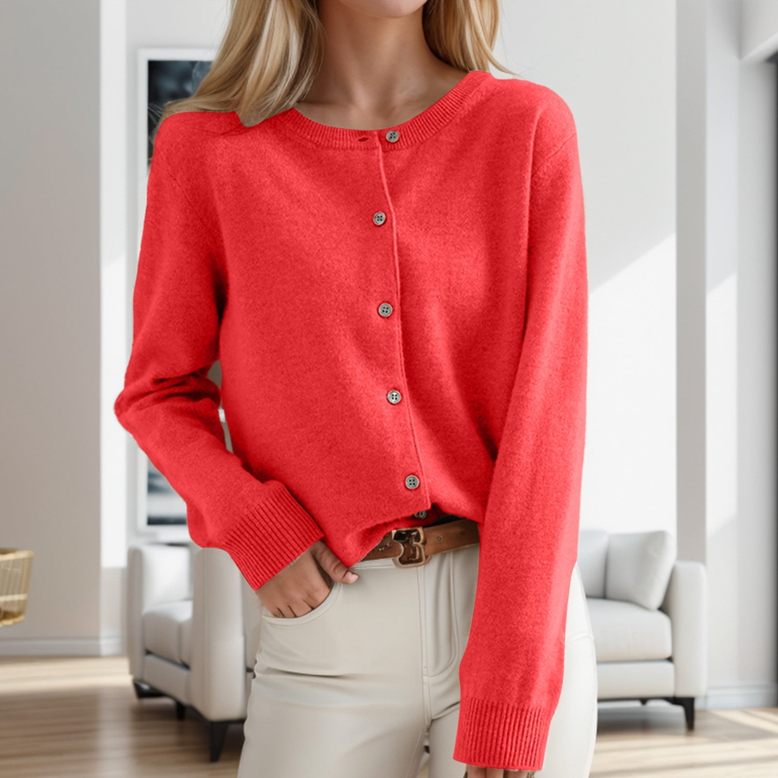 Cardigan Femme Classique - Col Rond Boutonné - Ouverture Devant - Matière Polyester Doux - Taille Normale