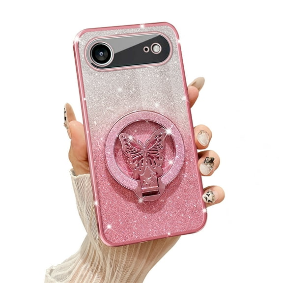 Fyxkocm Phone Case for iphone 17 Air [Compatible with Magsafe] with Butterfly Kickstand & Lanyard Soft TPU Bling Clear Shockproof Protection Cover for iphone 17 Air Case, Rose Gold