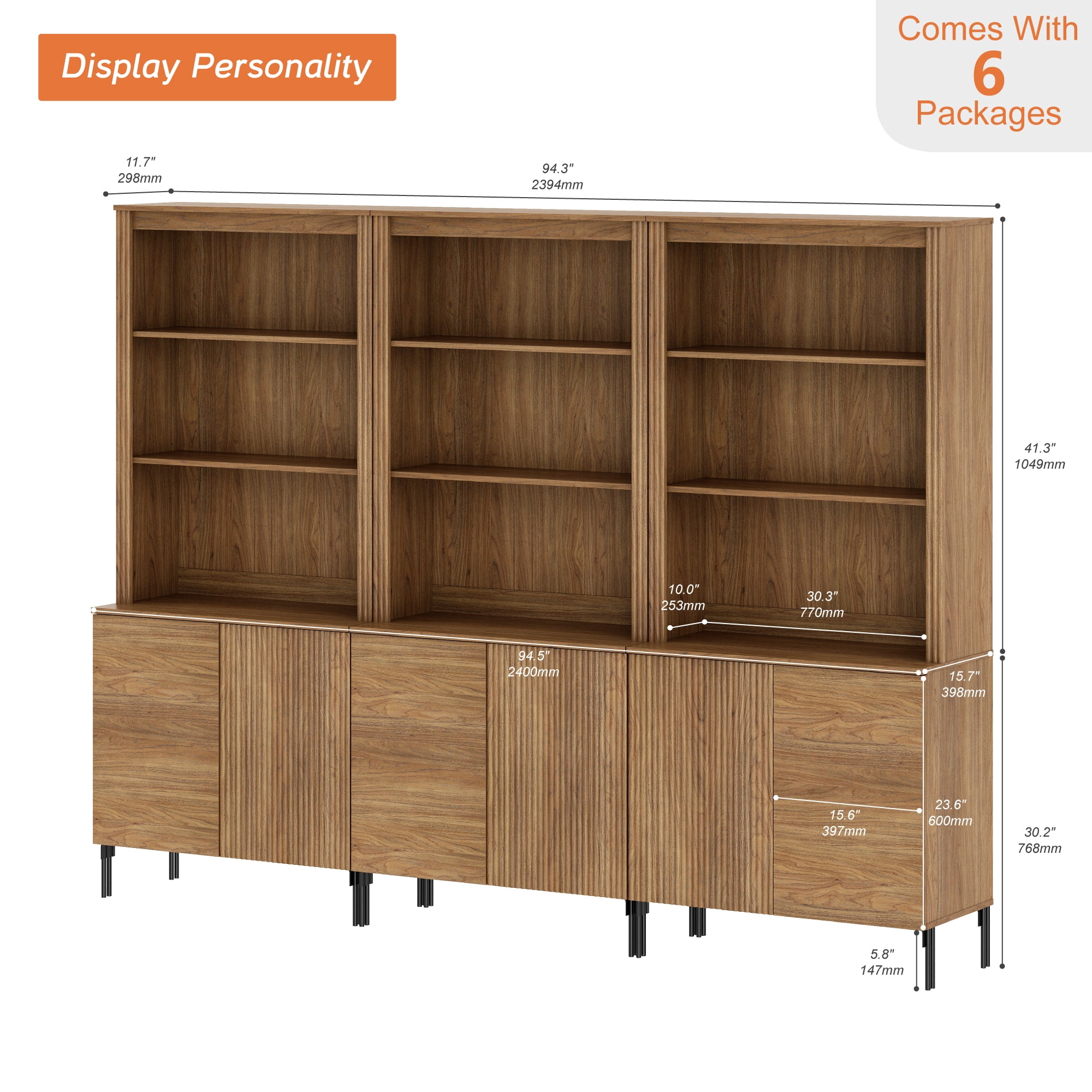 71" Tall Arched Kitchen Pantry Cabinet Set of 2, Wood Bookcase Display Cabinet With Doors And Adjustable Shelves, Mid-Century Modern Versatile Cupboard For Dining Room, Bedroom