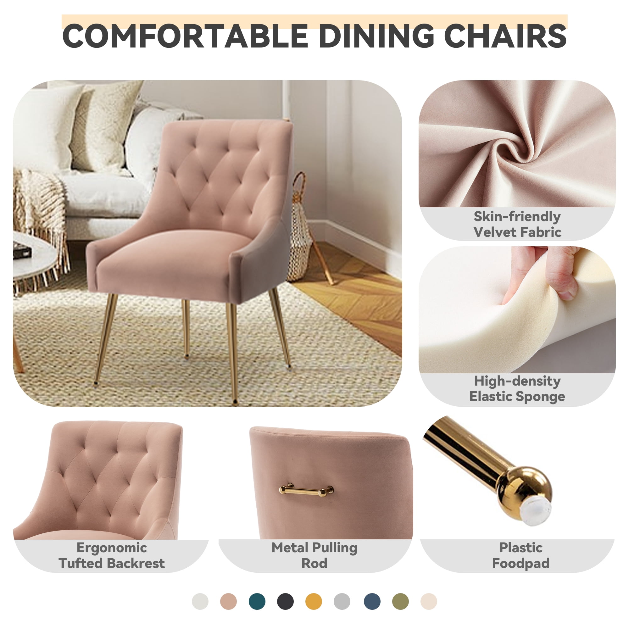 SEYNAR Elegant Tufted Upholstered Dining Chairs Set of 6, Velvet Accent Chair for Dining Room(Pink)