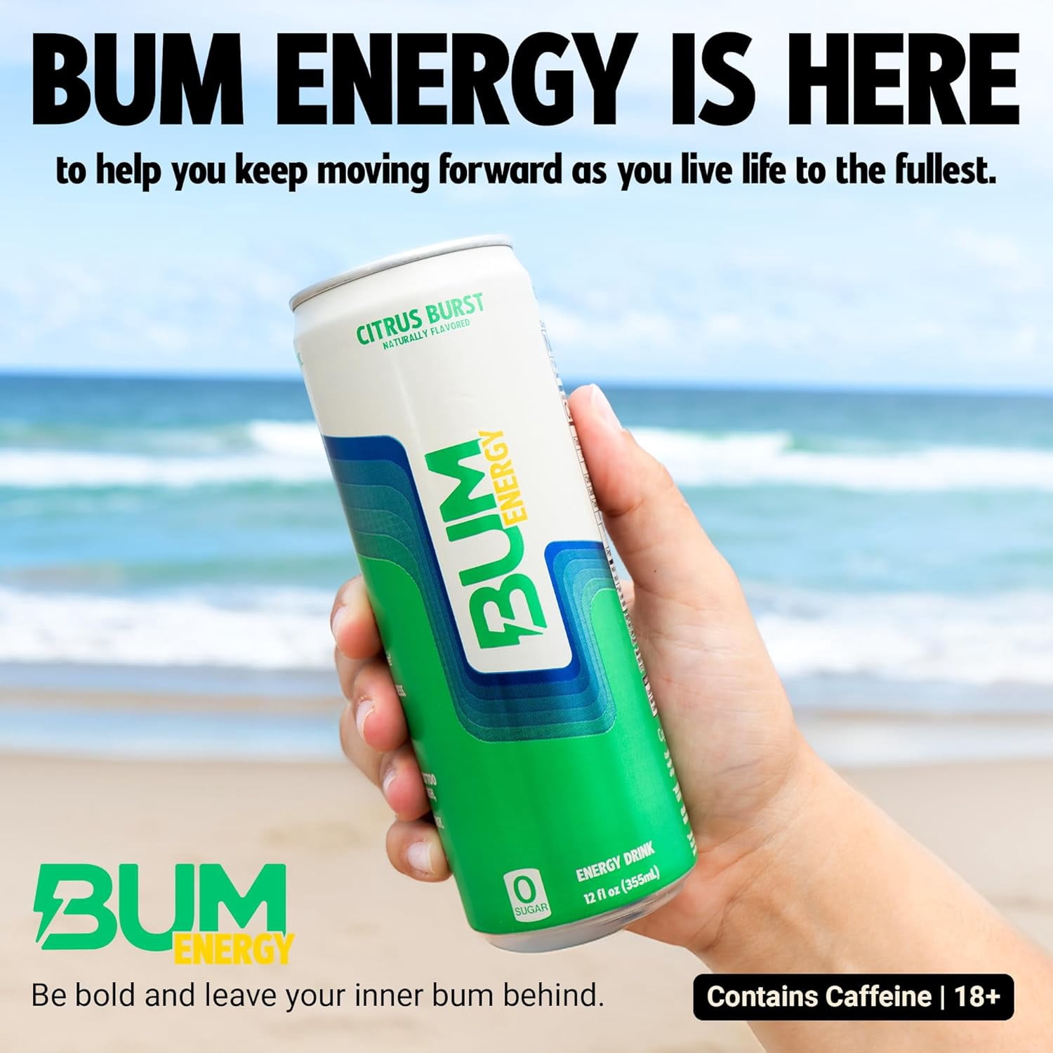 BUM Sugar-Free Energy Drink, Citrus Burst - Lightly Carbonated & No Artificial Colors, Natural Caffeine & Citicoline for Energy & Focus, Brain Boost & Workout Sports Beverage - 12 oz, Pack of 12