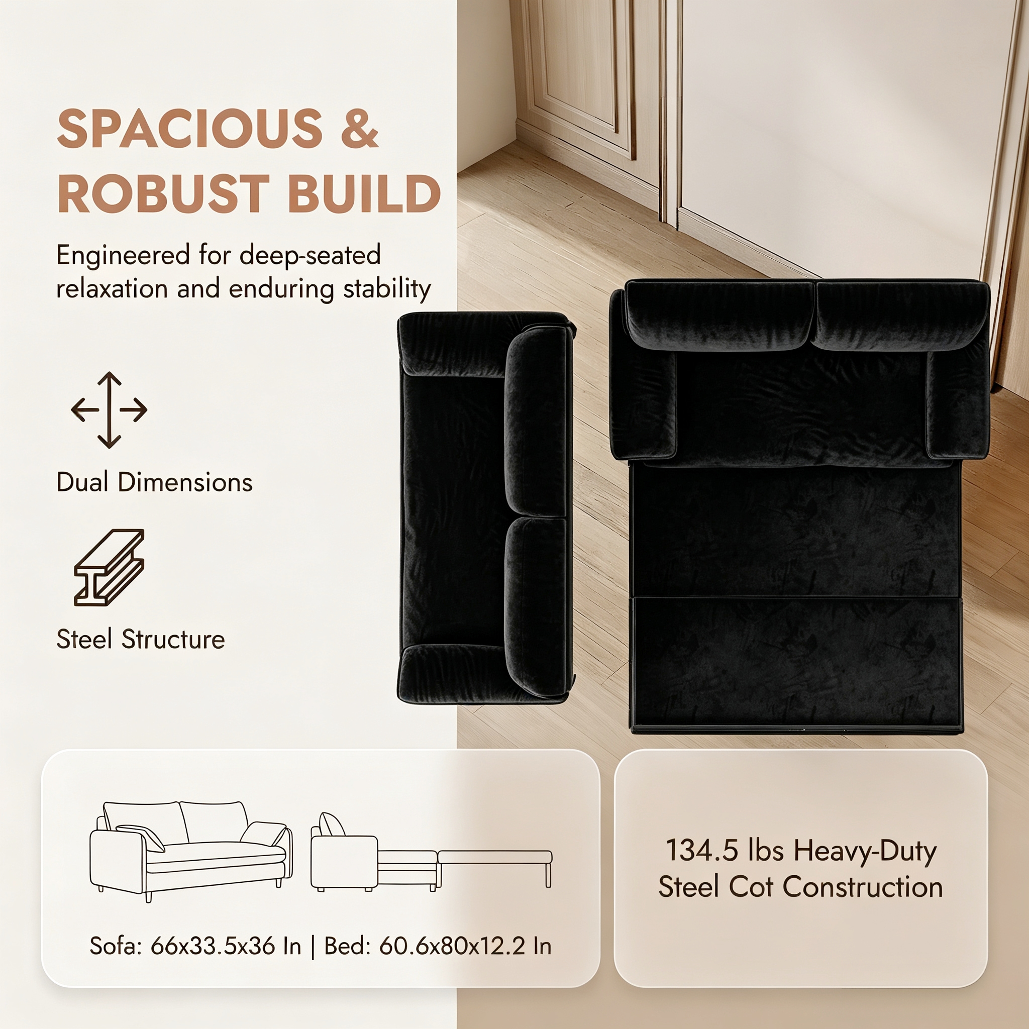 3-in-1 Queen Pull Out Sofa Bed, 66" Velvet Convertible Sleeper Couch with Deep Seat & Storage Pocket, Modern Folding Futon Sofa Bed, Black