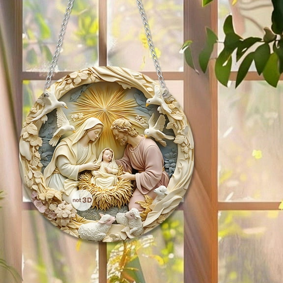 Dmlowu Christmas Tree Decorations Nativity Scene Ornaments, Wooden Christian Christmas Nativity Ornaments for Holiday Party Christmas Decorations, 7.87" Xmas Religious Christmas 3D Hanging Ornaments