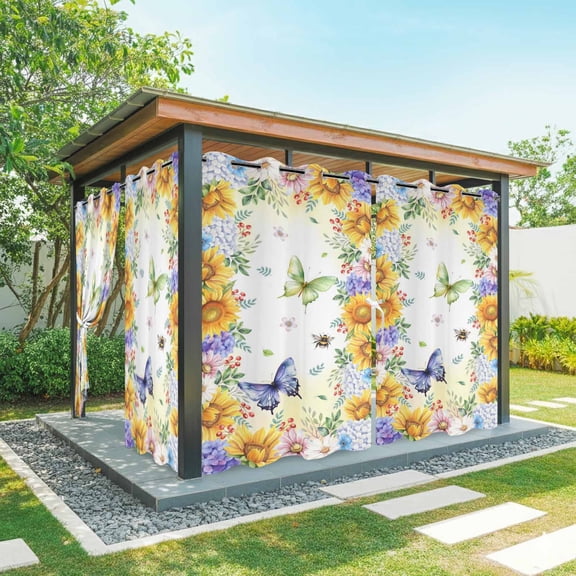Outdoor Curtains for Patio Waterproof, Spring Floral Outdoor Privacy Panels Grommet, Hydrangea Sunflowers Butterflies Watercolor Blackout Outside Curtains for Porch/Cabana 54"x108", 2 Panels