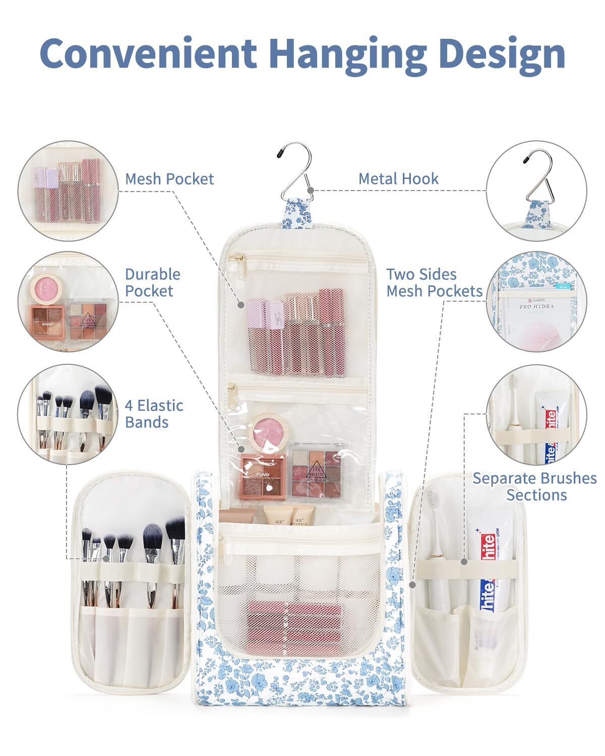 Narwey Travel Bags for Women Hanging Toiletry Bag with Hook Makeup Organizer Large Cosmetic Bags for Men Travel Essentials, Blue Flower