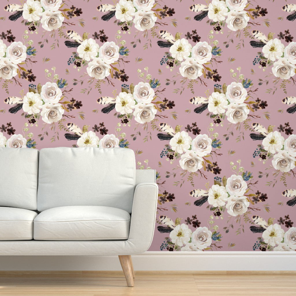 Peel-and-Stick Removable Wallpaper Floral Flowers Boho Autumn Fall Girls Ivory 