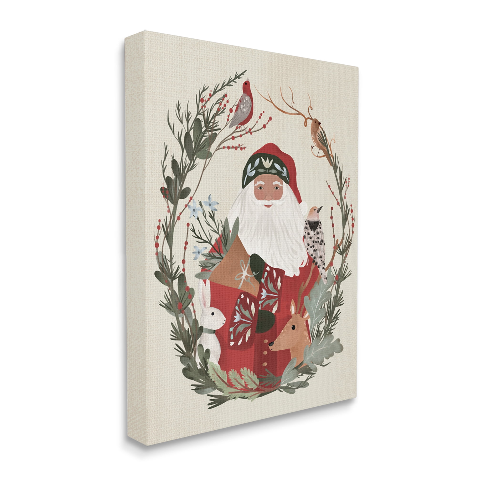 Santa Claus Holiday Wildlife Leaf Botanical Border Animals & Insects Painting Gallery-Wrapped Canvas Print Wall Art