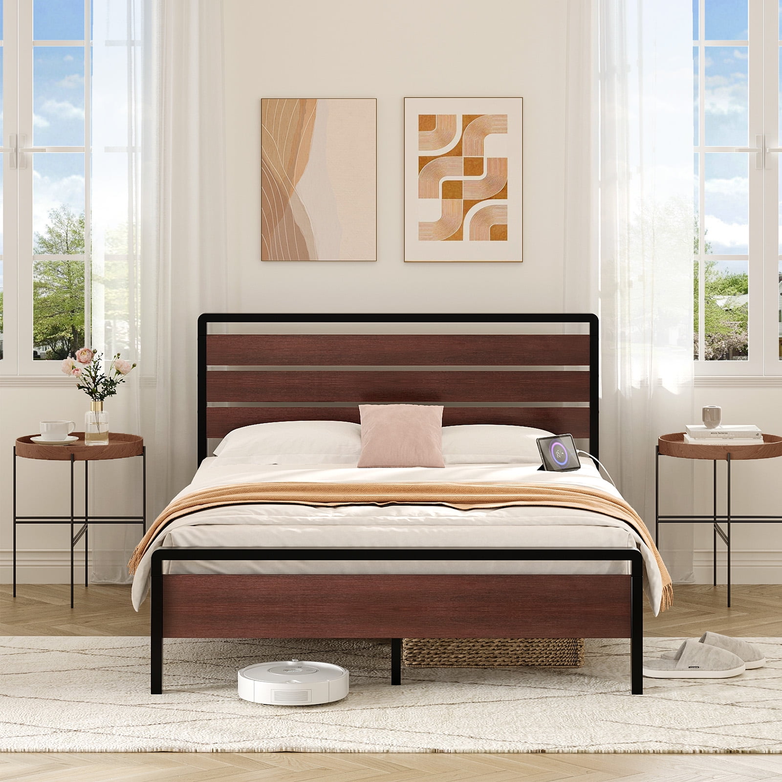 Zimtown Full Platform Bed Frame with 12-Inch Under-Bed Storage, LED Lighted Headboard & Footboard, Modern Apartment Bedroom,Rustic Red Brown