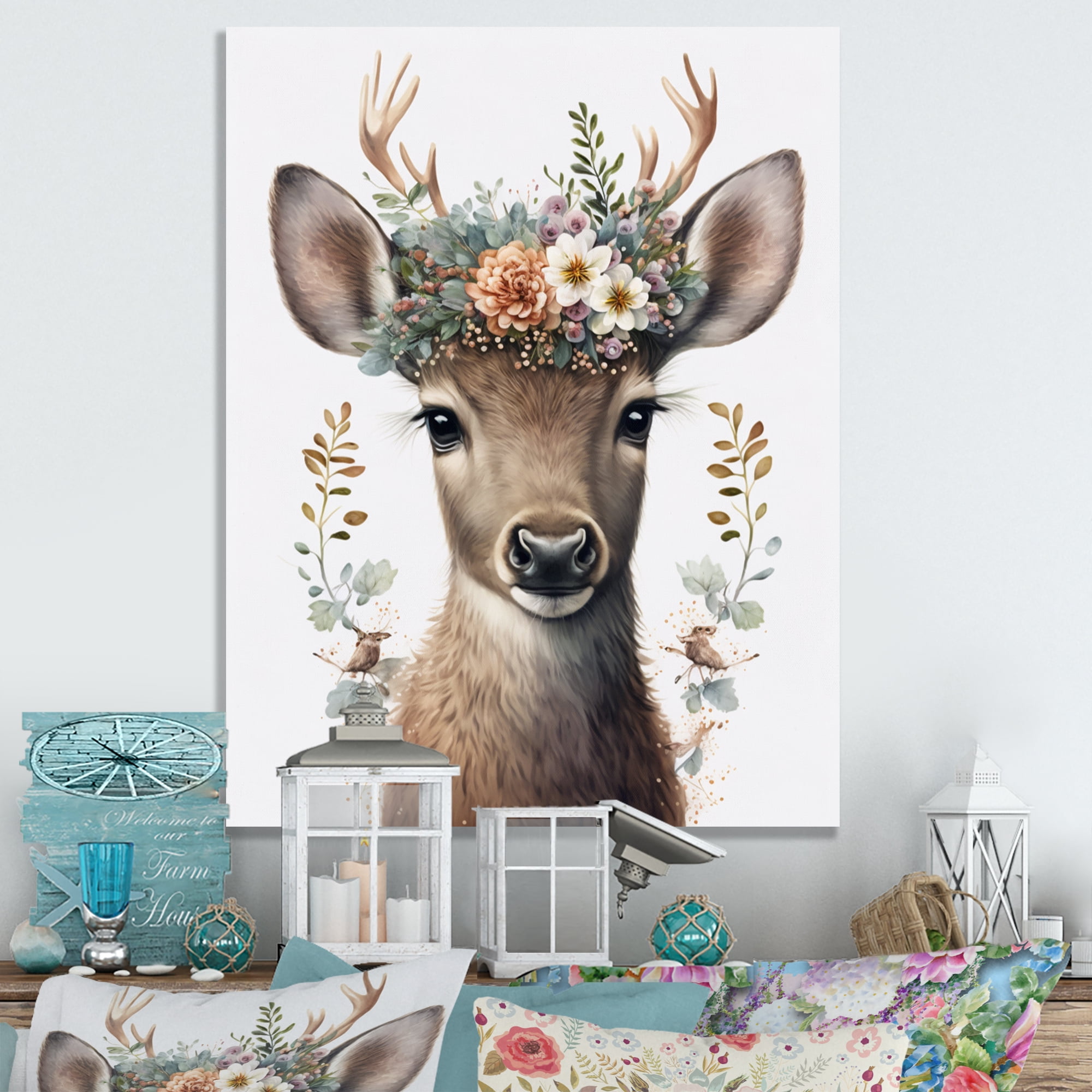 Designart Cute Baby Caribou With Floral Crown I Canvas Wall Art