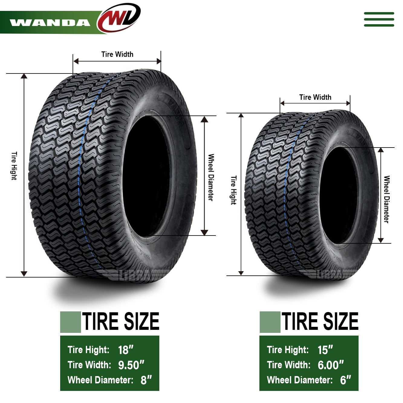 とらまる 荒１５キロ WANDA Set of 4 New Turf Tires for Lawn Mower 15x6-6 Front