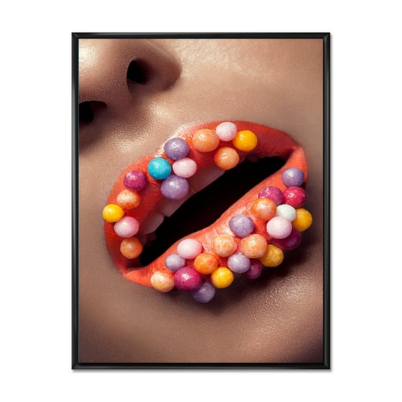 Designart 'Close Up of Creative Make Up On Woman Lips With Lolipops' Modern Framed Canvas Wall Art Print
