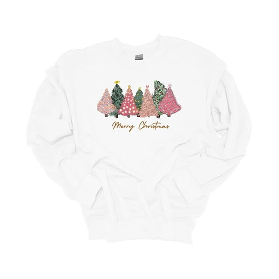 Womens Christmas Sweatshirt Merry Christmas Pink Trees Festive Holiday Crewneck Sweatshirt-White-small