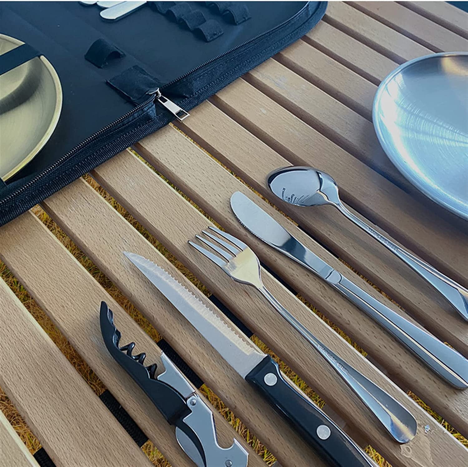 Camping Kitchen Silverware Mess Kit Cutlery Organizer 2 Person Dinnerware  Set - 12pcs Eating Utensils Set with Stainless Steel Plate Spoon Serrated &  Butter Knife Wine Opener Fork Napkin Black (2-Person)