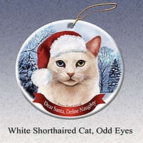 Holiday Gift White Shorthair Cat Odd Eyes Santa Hat Porcelain Christmas Ornament
