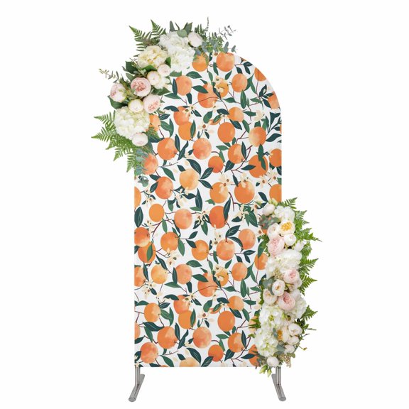 Arch Covers, Orange Arch Covers Stretchy Backdrop 7.2'x4', Summer Botanical Leaves Watercolor Spandex Fitted Round Top Chiara Arches Backdrop Cover for Wedding Party Birthday Banquet