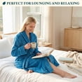thumbnail image 6 of PAVILIA Plush Fleece Robe for Women, Soft Cozy Long Bathrobe with Satin Waffle Trim, Warm Lightweight Spa Robe, Housecoat with Pockets & Tie Belt, Teal Blue, S/M, 6 of 10