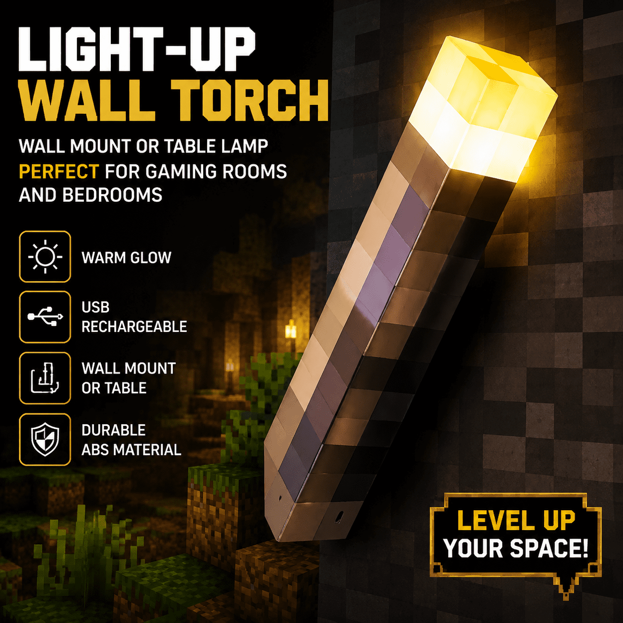 Light-Up Wall Torch, Wall Torch Night Lamp Minecraft Light Craft Light USB Rechargeable Night Wall Mount Flashlight Lamp Wall Mount Lighting Gifts,Home Decoration