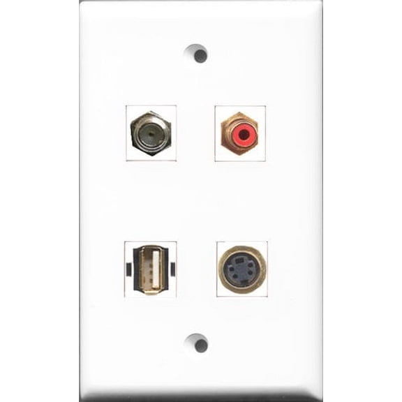 RiteAV 1 Port RCA Red and 1 Port Coax Cable TV- F-Type and 1 Port USB A-A and 1 Port S-Video Wall Plate