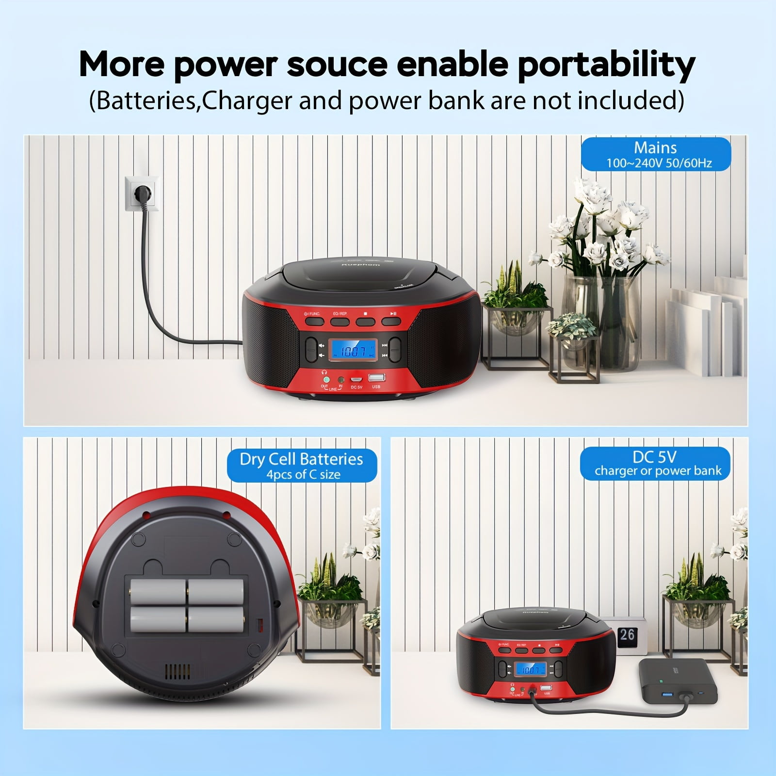 Portable CD Player Boombox with BT, FM Radio with CD Player Combo, CD Boombox with AUX/USB Playback and Earphone Jack. CD Players for Home with Stereo Speakers, Battery or AC Powered.