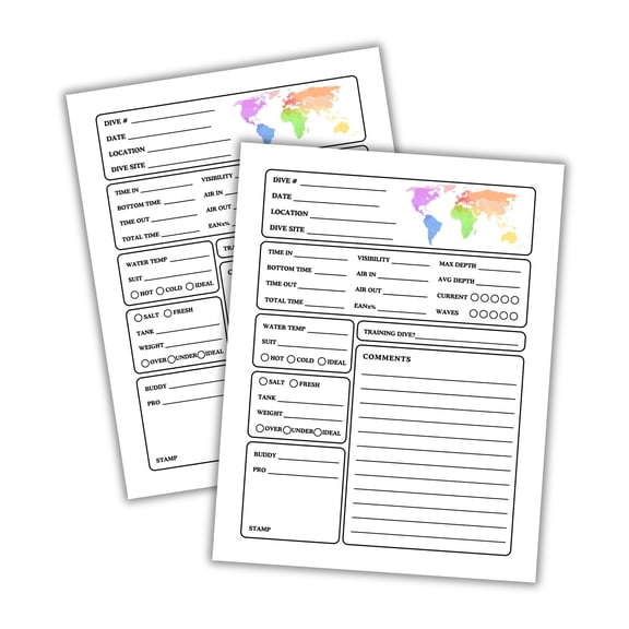 Scuba Diver Log Pages Book Refill 30pk 8.5x11 Logbook Certified Diver Track, Record, Depth, for Beginners and Experienced Divers Notes All Inclusive Recreational