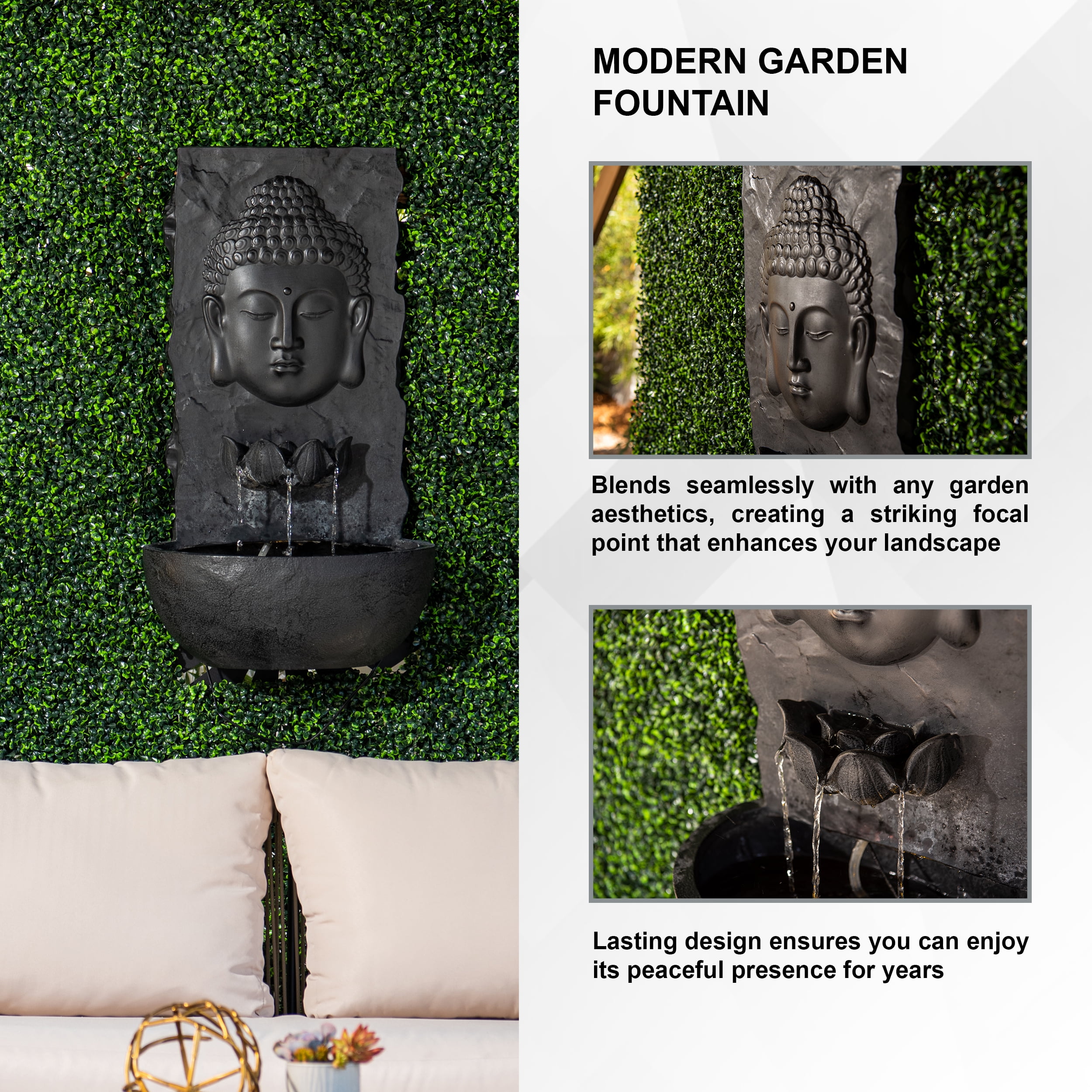 XBrand 30 in H Fiber Resin Wall Buddha Zen Outdoor Garden Water Fountain w/ warm LED Light, Black