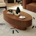 thumbnail image 3 of 43.3" Oval Coffee Table with Handcrafted Relief, Sturdy Pedestal Wooden Olive-Shaped Tea Table, Circle Fluted Drum Coffee Table for Apartment Living Room, Natural, 3 of 7