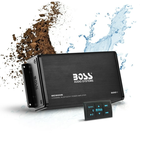 BOSS Audio Systems MC900B All Terrain Car Audio Amplifier – 500 High Output, 4 Channel, 2/4 Ohm, Bluetooth Multi-Function Remote, Full Range, Aux-in, RCA Out, USB Charging, Weatherproof