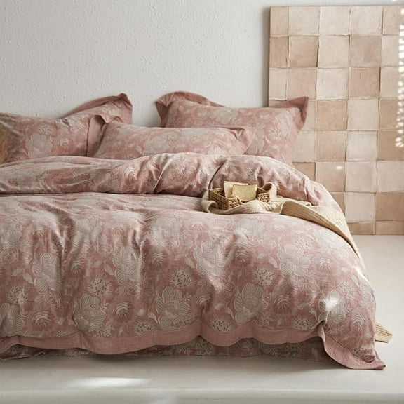 Jacquard Floral Duvet Cover Set, King Size, Yarn-dyed Cotton Blush Pink Flower Duvet Cover with Border, Vintage Garden Style Bedding Set 3-piece King Size