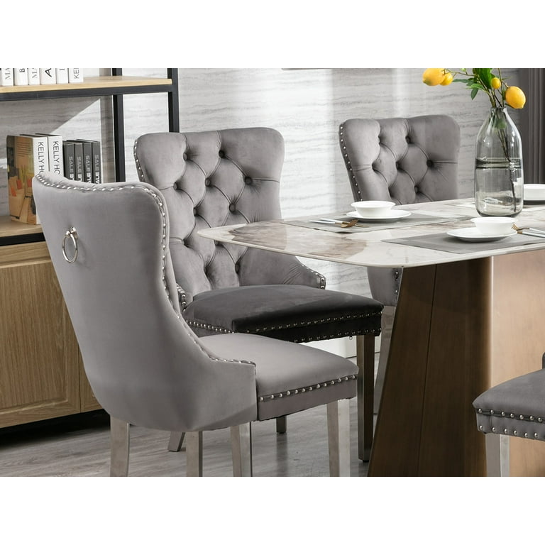 Oduse daily Grey Velvet Dining Chairs Set of 4 Kitchen Dining Room Chairs Nailheads Tufted Sillas de comedor Fabric Upholstered Silver Chrome