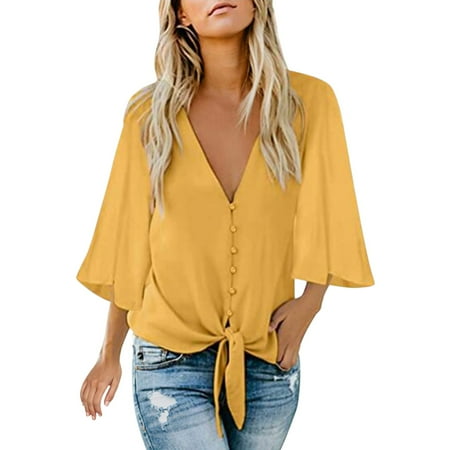 

JDEFEG Pajama Tops Women s Casual V Neck Tops 3/4 Sleeve Tie Knot Blouses Solid Button Shirts Modern Blouses for Women 2017 Polyester Yellow S