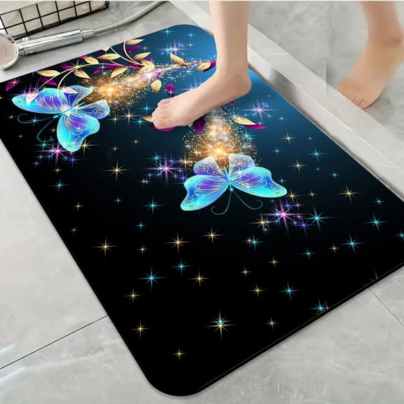1pc Sparkling Blue Butterflies Bathroom Rug Bathroom Decor and Accessories- Durable,Anti Slip,And Quick Drying,Suitable For Indoor/outdoor Use - Perfect For Bathrooms,Bedrooms,Kitchens