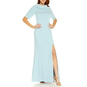 Adrianna Papell Crew Neck Short Sleeves Back Zipper Side Slit Long Crepe Dress-BLUE MIST / 10
