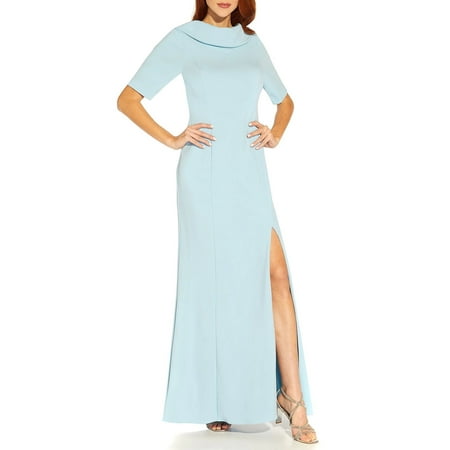 Adrianna Papell Crew Neck Short Sleeves Back Zipper Side Slit Long Crepe Dress-BLUE MIST / 12