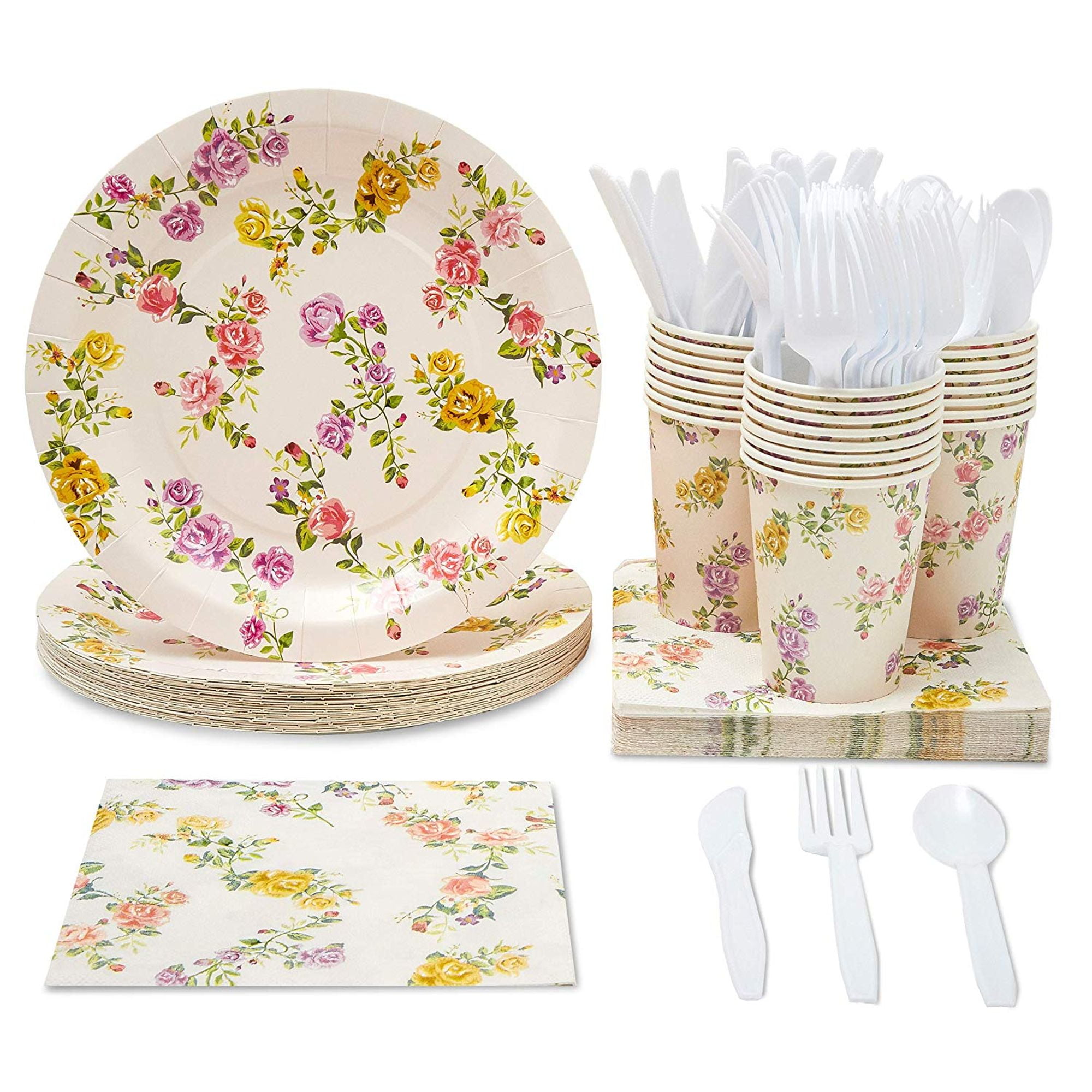 Disposable Dinnerware Set Serves 24 Vintage Floral Party Supplies For Birthdays Weddings Bridal Shower Roses Design Includes Plastic Knives Spoons Forks Paper Plates Napkins Cups Walmart Com Walmart Com