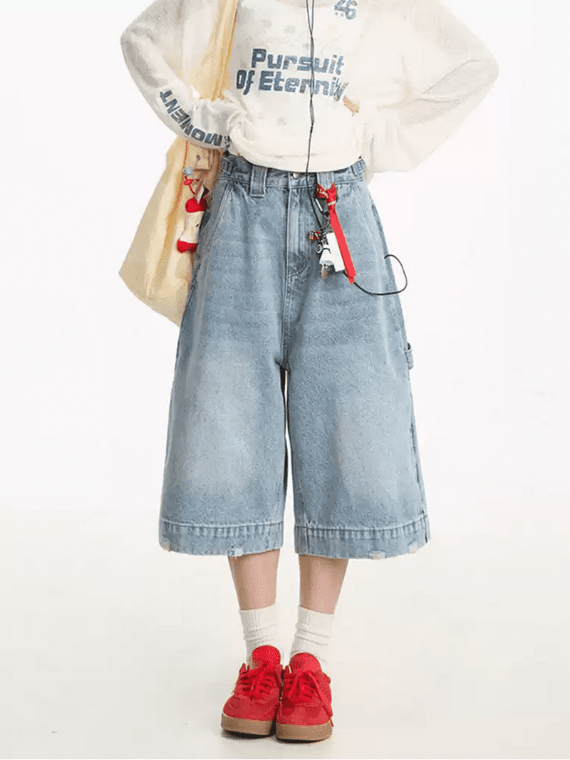 【BAON】[unisex] Chenle Vintage Shirring Cat Wide Denim PT Y2K Street Vintage Washed Cat Whiskered Style Wide Leg