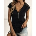 thumbnail image 2 of Top de encaje de crochet negro, escote en V, mangas cortas, detalle de cremallera, transpirable y casual, talla XL, 2 of 6