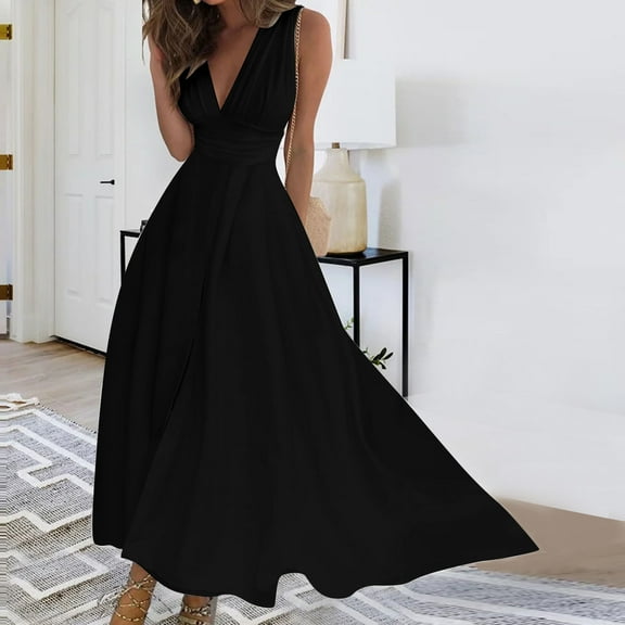 Lolmot Sexy Dresses for Women Summer Sleeveless V-Neck Wrapped Chest Dress Loose Plain Maxi Dress Party Dress
